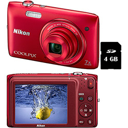 Câmera Digital Nikon S3400 20.1MP Zoom Óptico 7x Cartão 4 GB - Vermelha