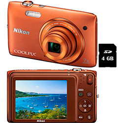 Câmera Digital Nikon S3500 20.1MP Zoom Óptico 7x Cartão 4 GB - Laranja
