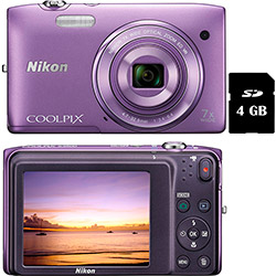 Câmera Digital Nikon S3500 20.1MP Zoom Óptico 7x Cartão 4GB - Roxa