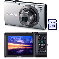 Câmera Digital PowerShot A2300 (16 MP) Prata, C/ 5x Zoom Óptico, Filma em HD, Smart Auto, Detecção de Face, LCD 2.7" e Bateria Recarregável + Cartão SD 4GB - Canon