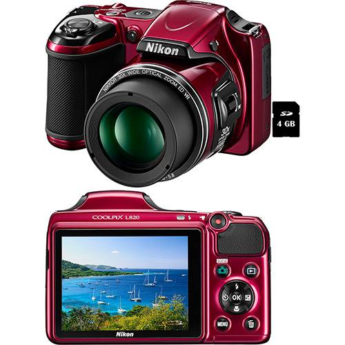 Câmera Digital Semi-Profissional Nikon L820 16MP Zoom Óptico 30x Cartão 4 GB - Vermelha