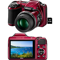 Câmera Digital Semi-Profissional Nikon L820 16MP Zoom Óptico 30x Cartão 4 GB - Vermelha