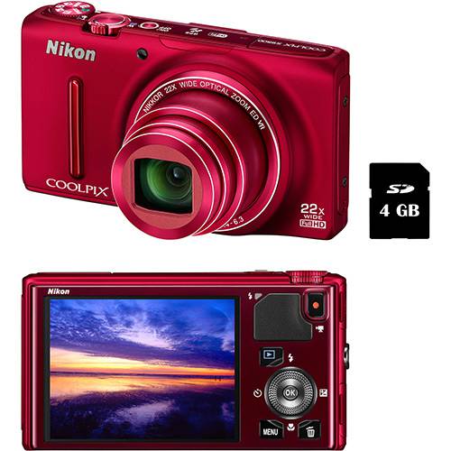 Câmera Digital Semi-profissional Nikon S9500 18.1MP Zoom Óptico 22x - Vermelha
