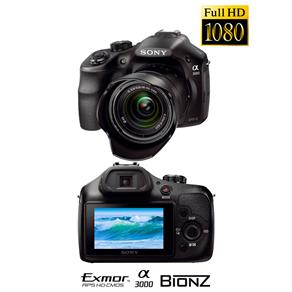Câmera Digital Sony Alpha ILCE 3000K/B Preta – 20.1MP, LCD 3.0”, Flash, Acompanha Lente 18-55mm F.:3.5-5.6 e Vídeo Full HD