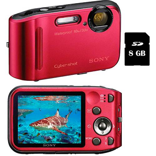 Câmera Digital Sony Cyber-shot DSC-TF1 Vermelha 16.1 MP, Vídeos HD, 4x Zoom Óptico, LCD de 2,7", Foto Panorâmica 360º, à Prova D'água e Choque + Cartão SD 8Gb