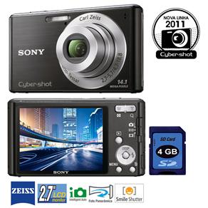 Câmera Digital Sony Cyber-shot DSC-W530/B Preta C/ 14.1 MP, LCD 2.7", Foto Panorâmica, Smile Shutter e Face Detection + Memory Stick de 4GB