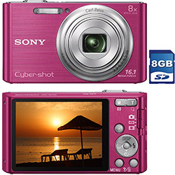 Câmera Digital Sony Cyber-shot DSC-W730 16.1MP Zoom Óptico 8x Cartão de Memória de 8GB Rosa