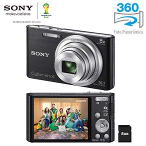 Câmera Digital Sony Cyber-shot DSC-W730 Preta com 16.1 MP, Zoom Óptico de 8x, LCD de 2,7", Foto Panorâmica 360º, Vídeos HD + Cartão SD de 8GB