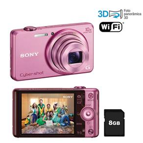 Câmera Digital Sony DSC-WX200 Rosa 18.2 MP, LCD de 2,7", Zoom Óptico de 10x, Foto Panorâmica 360º e 3D, Wi-Fi, Vídeos HD + Cartão 8GB