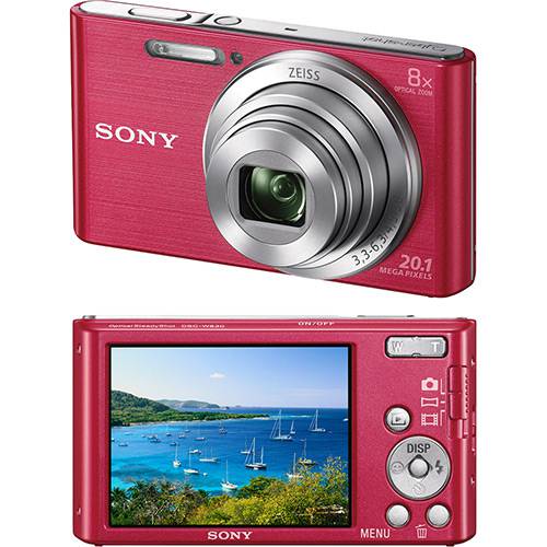 Câmera Digital Sony W830 20.1MP, 8x Zoom Óptico, Foto Panorâmica, Vídeos HD, Lentes Carl Zeiss, Rosa, Cartão de Memória 4GB