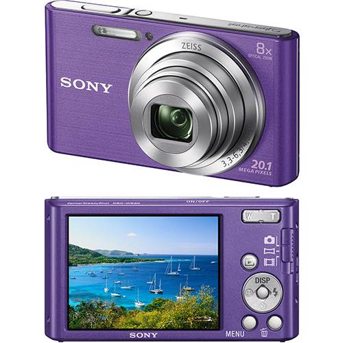 Câmera Digital Sony W830 20.1MP, 8x Zoom Óptico, Foto Panorâmica, Vídeos HD, Lentes Carl Zeiss, Violeta, Cartão de Memória 4GB