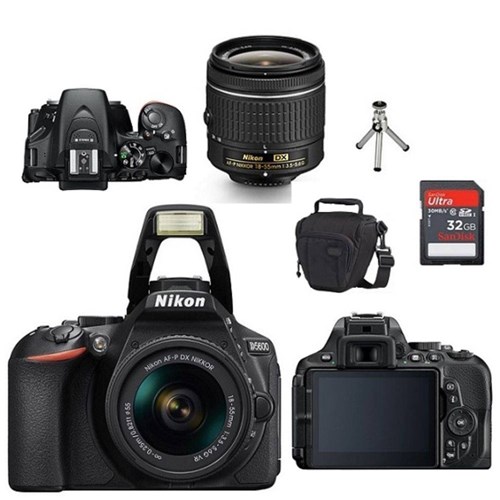 Câmera Nikon Dslr D5600 24.2Mp, Lente Af-P 18-55Mm Vr Ii + Bolsa + Tripé de Mesa + Memória 64Gb Clas