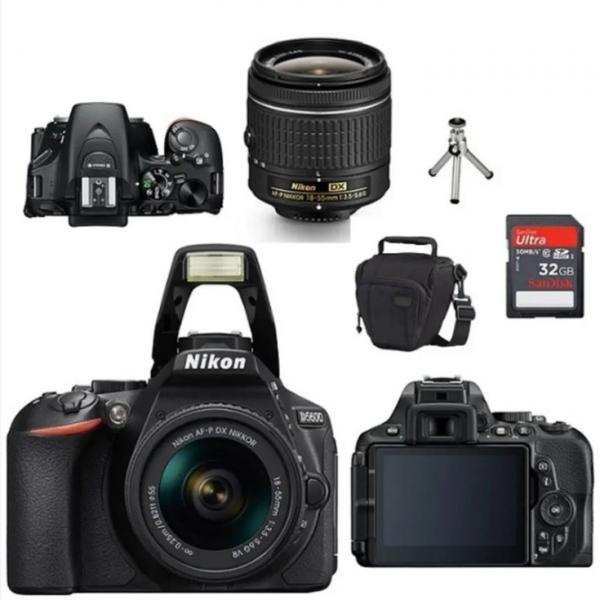Câmera Nikon DSLR D5600 24.2MP, Lente AF-P 18-55mm VR II + Bolsa + Tripé de Mesa + Memória 64GB Clas