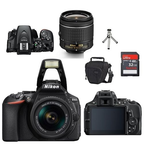 Câmera Nikon DSLR D5600 24.2MP, Lente AF-P 18-55mm VR II + Bolsa + Tripé de Mesa + Memória 32GB Classe 10