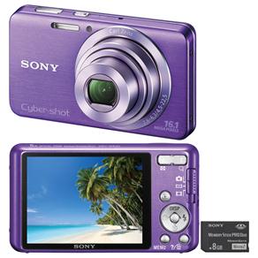 Câmera Sony DSC-W630 Violeta C/ 16.1MP, LCD 2,7”, Zoom Óptico 5x, Vídeo HD, Panorâmica 360º, Menu Diversão, Detector de Face e Sorriso + Cartão MS 8GB