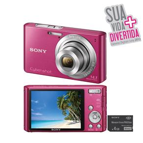 Câmera Sony DSC-W610 Rosa C/ 14.1MP, LCD 2.7”, Zoom Óptico 4x, Estabilizador de Imagem, Detector de Face e Sorriso e Panorâmica 360º + Cartão MS 4GB