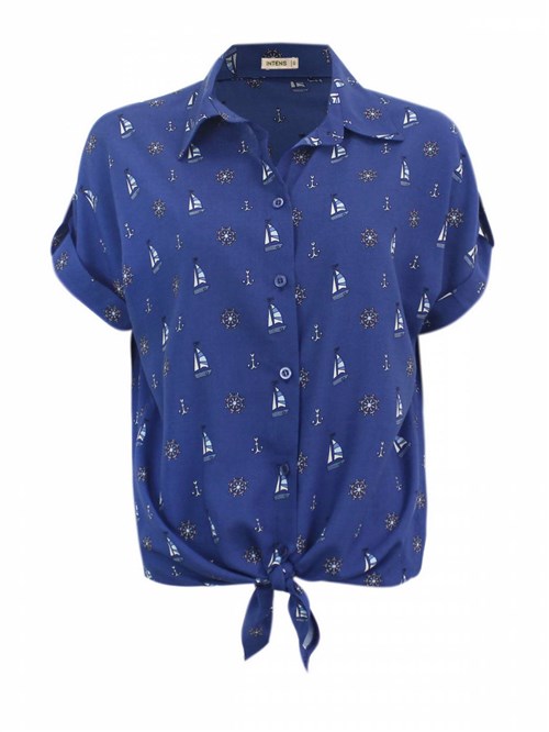 Camisa Manga Curta Viscose Barco Azul