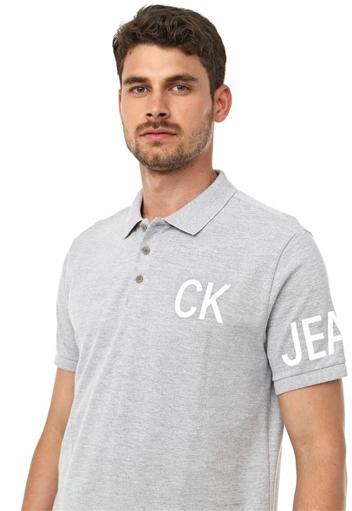 Camisa Polo Calvin Klein Jeans Reta Logo Cinza