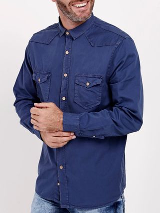 Camisa Sarja com Bolsos Manga Longa Masculina Azul