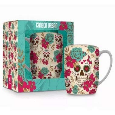 Caneca Porcelana Caveira Flowers Azul Flores 360ml Presente