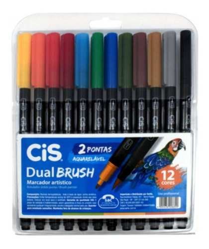 Caneta Dual Brush Pen Aquarelável Cis Estojo com 12 Cores