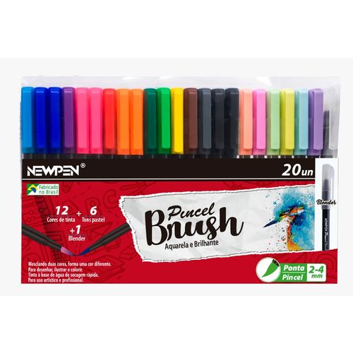Caneta Pincel Brush Newpen - Kit com 20 Unidades C/ Blender