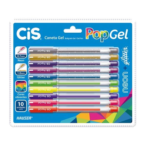 Caneta POP GEL CIS com 10 Cores NEON + Glitter
