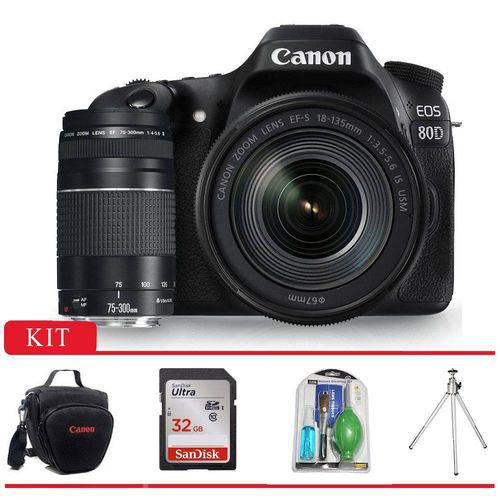 Canon 80D Kit Premium 18-135mm 75-300mm Bolsa Canon Cartão 32GB Mini Tripé e Kit Limpeza