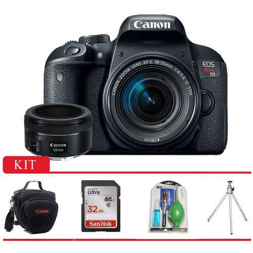Canon T7i Kit Premium 18-55mm, 50mm, Bolsa Canon, Cartão 32GB, Mini Tripé e Kit Limpeza