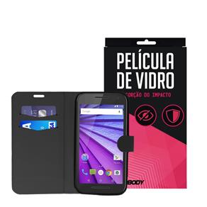 Capa Carteira Preta e Película Underbody Motorola Moto G 3° Geração