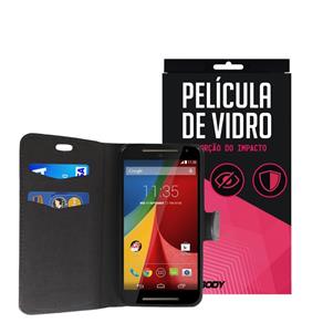 Capa Carteira Preta e Película Underbody Motorola Moto G 2° Geração