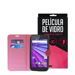 Capa Carteira Rosa e Película Underbody Motorola Moto G 3° Geração