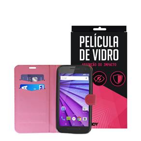 Capa Carteira Rosa e Película Underbody Motorola Moto G 3° Geração