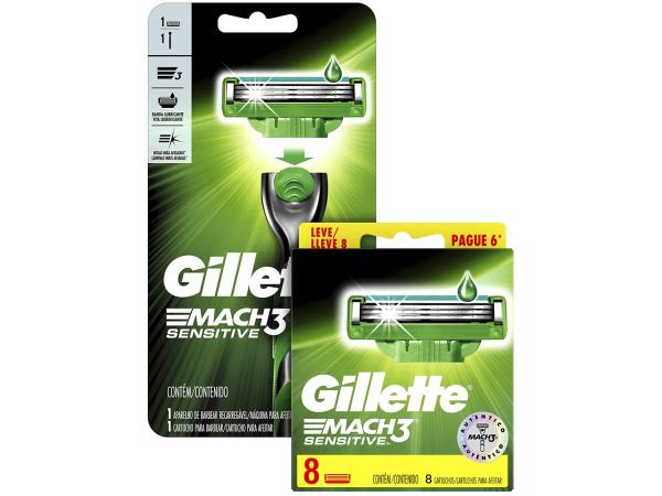Carga Gillette Mach3 8 Unidades - Sensitive + Aparelho de Barbear Gillette Mach3