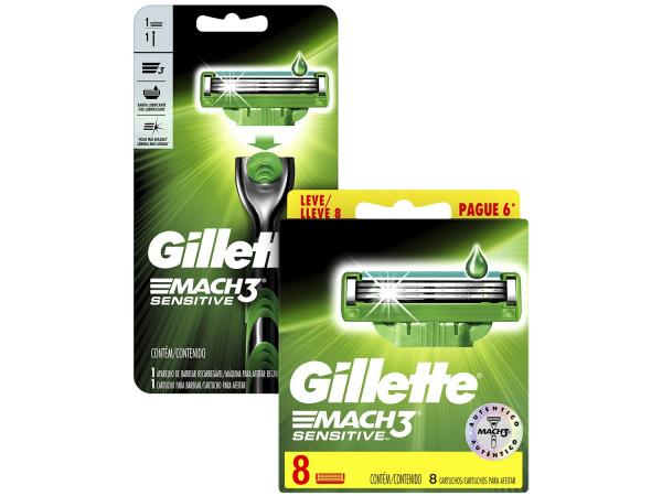 Carga Gillette Mach3 Sensitive - 8 Unidades + Aparelho de Barbear