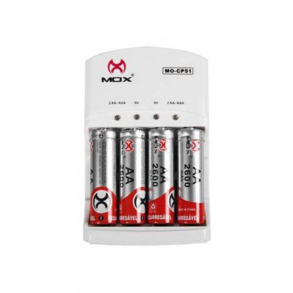 Carregador de Bateria 9v e Pilhas com 4 Pilhas Aa 2600 Mah Sf6 - Mox