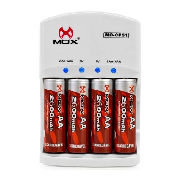 Carregador de Pilhas e Baterias com 4 Pilhas AA 2600 Mah Mox CP51