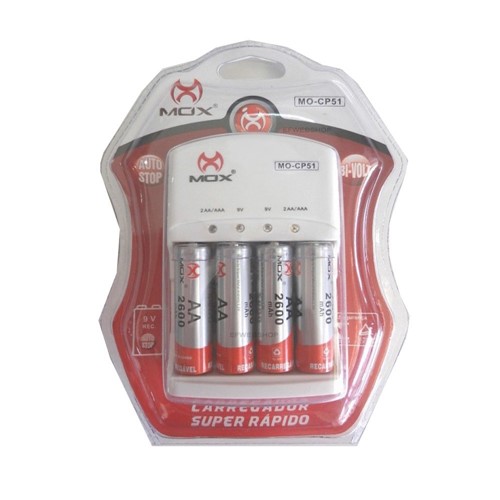 Carregador de Pilhas Mox com 4 Pilhas Aa 2600Mah Recarregáveis Desliga...