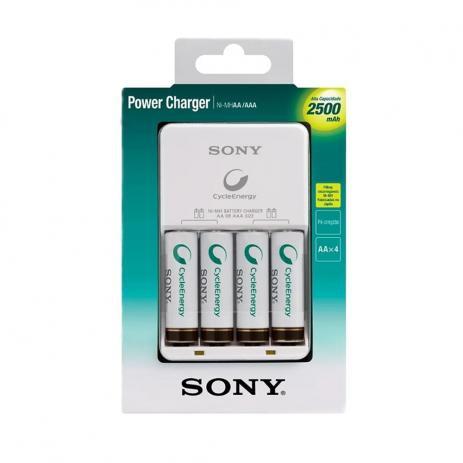 Carregador de Pilhas Sony com 4 Pilhas Aa Recarregáveis 2500mAh Multi Uso BCG-34HHGN Bivolt Branco