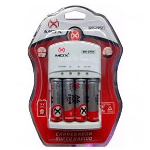 Carregador Pilhas AA + AAA + Bateria 9V MOX CP-51 Carga Rápida + 4 Pilhas AA 2600 Mah