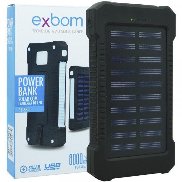 Carregador Portátil Power Bank Solar Bateria 8000 MAh Celular 2 X Usb Exbom PB-S80 Preto Lanterna