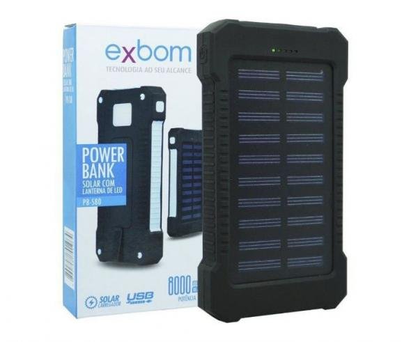 Carregador Portátil Power Bank Solar Bateria 8000 MAh Celular 2 X USB Exbom PB-S80 Preto Lanterna