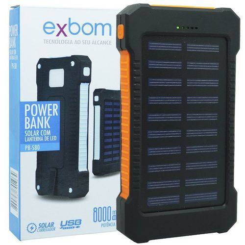Carregador Portátil Power Bank Solar Bateria 8000 MAh Celular 2 X USB Exbom PB-S80 Preto/Laranja