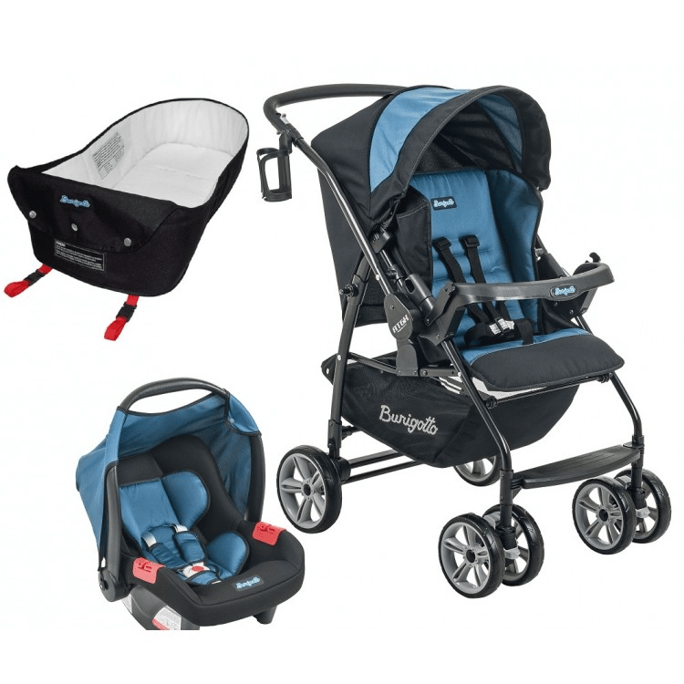 Carrinho de Bebe com Bebe Conforto e Ninho Pramette Burigotto AT6 K Preto e Azul