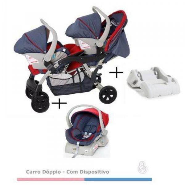 Carrinho de Bebê Doppio (Gêmeos) Jeans/Vermelho + 2 Bebê Conforto + 2 Bases - Galzerano