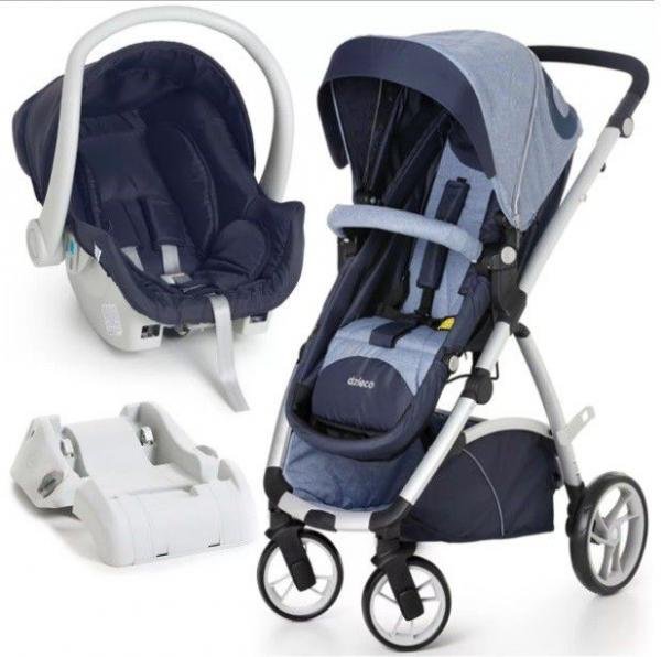 Carrinho de Passeio com Bebê Conforto Maly Azul Jeans e Base - Dzieco