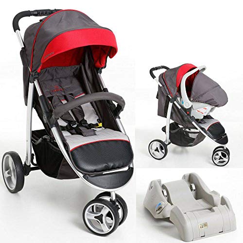 Carrinho 3 Rodas + Bebê Conforto Apollo Vermelho/Jeans + Base - Galzerano