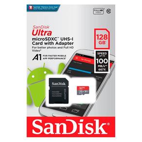 Cartão 128GB Micro SD com Adaptador SD - Classe 10 A1 - Velocidade Até 100MB/s - Ultra SDSQUAR-128G-GN6MA