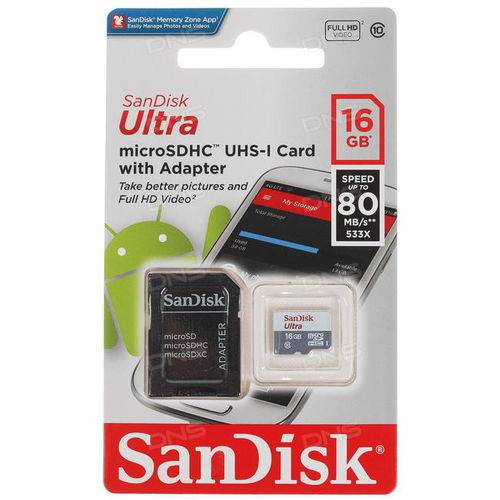 Cartao de Memoria 16gb 80mbs Sandisk Micro Sd Ultra C/ Adapt -sdsqunc-016g-gn3ma