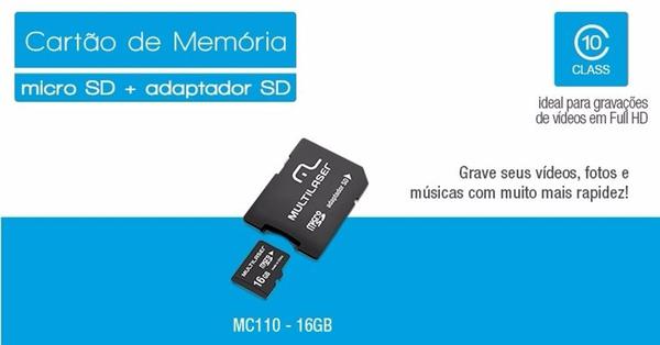 Cartao de Memoria 16GB Micro SDHC com Adaptador MC110 Classe 10 Multilaser